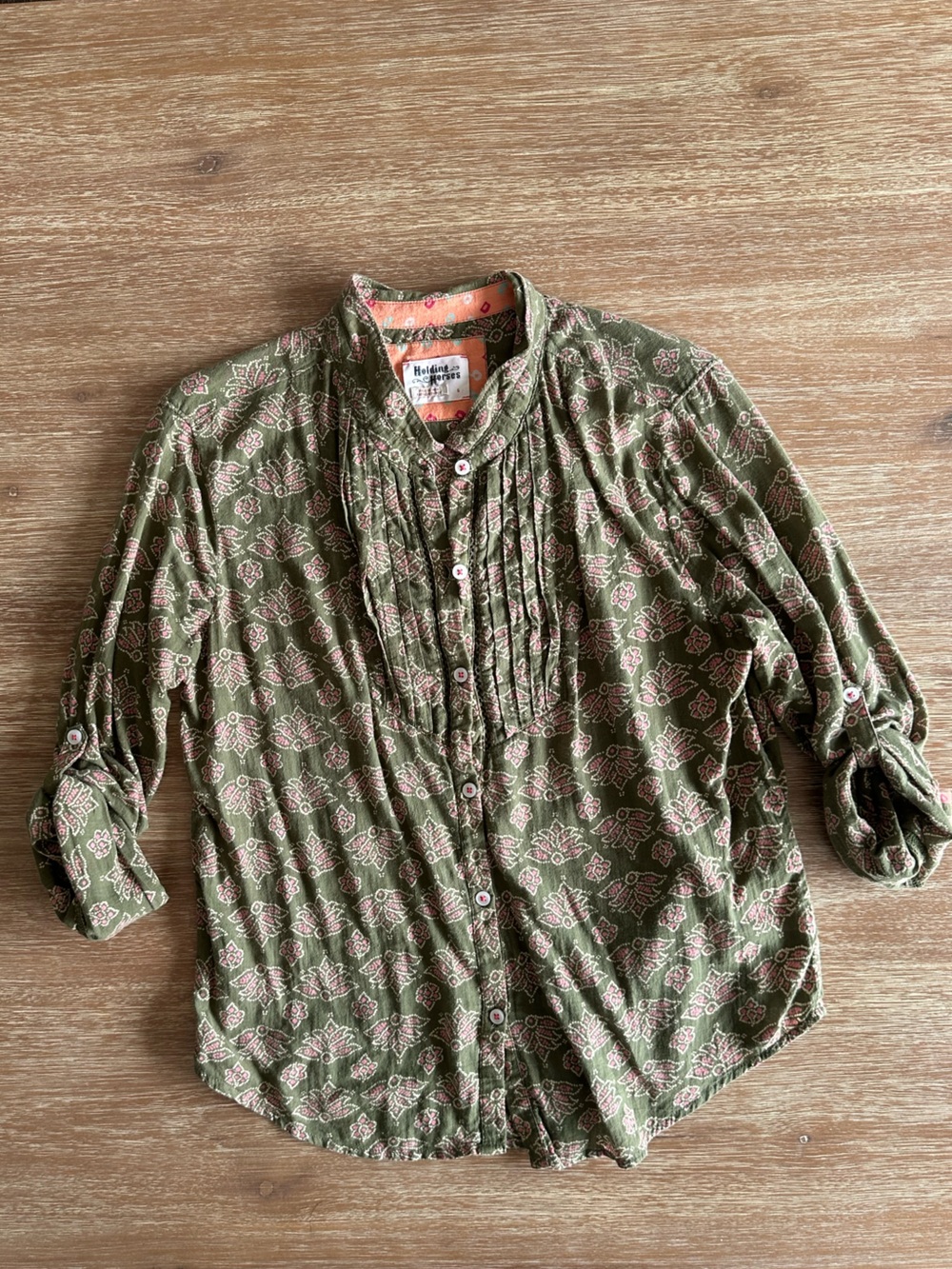 Women’s Anthropologie Holding Horses Olive Green Block Print Button-Up Shirt